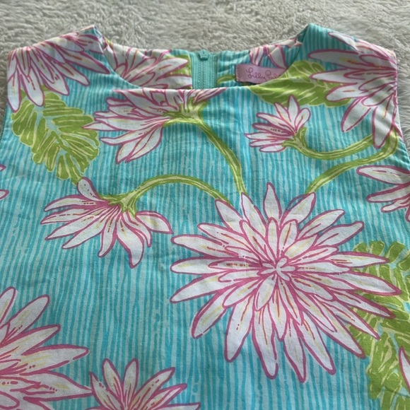 Lilly Pulitzer Girls Size 7 Aqua Pink Floral Shift Dress Pockets & Side Tie - Picture 9 of 13